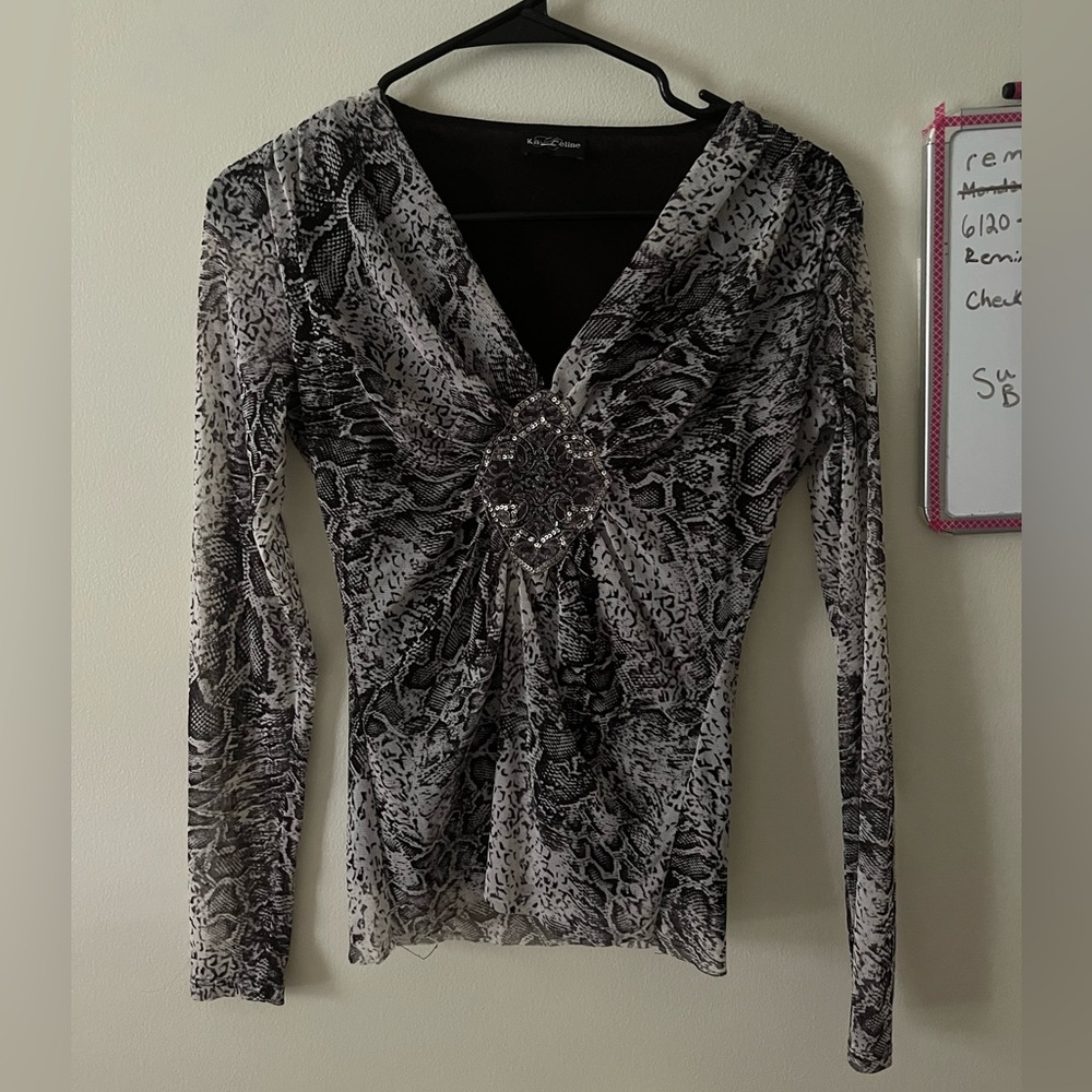 Snake Print Mesh Long Sleeve Kay Celine